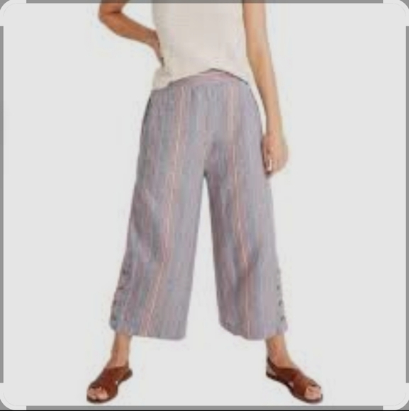 Madewell Side Button huston stripped Linen Blend Pull On Crop Pants - Picture 1 of 10
